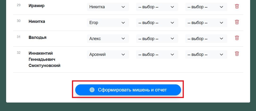 Кнопка формирования отчета по социометрии
